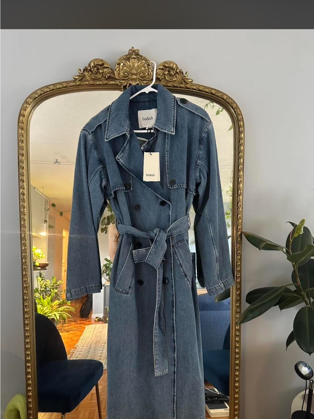 NWT organic cotton ba&sh Blue Denim Double-Breasted Trench Coat S